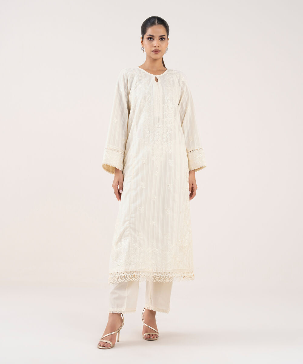 Women's RTW Textured Lawn Off White Embroidered A-Line Shirt