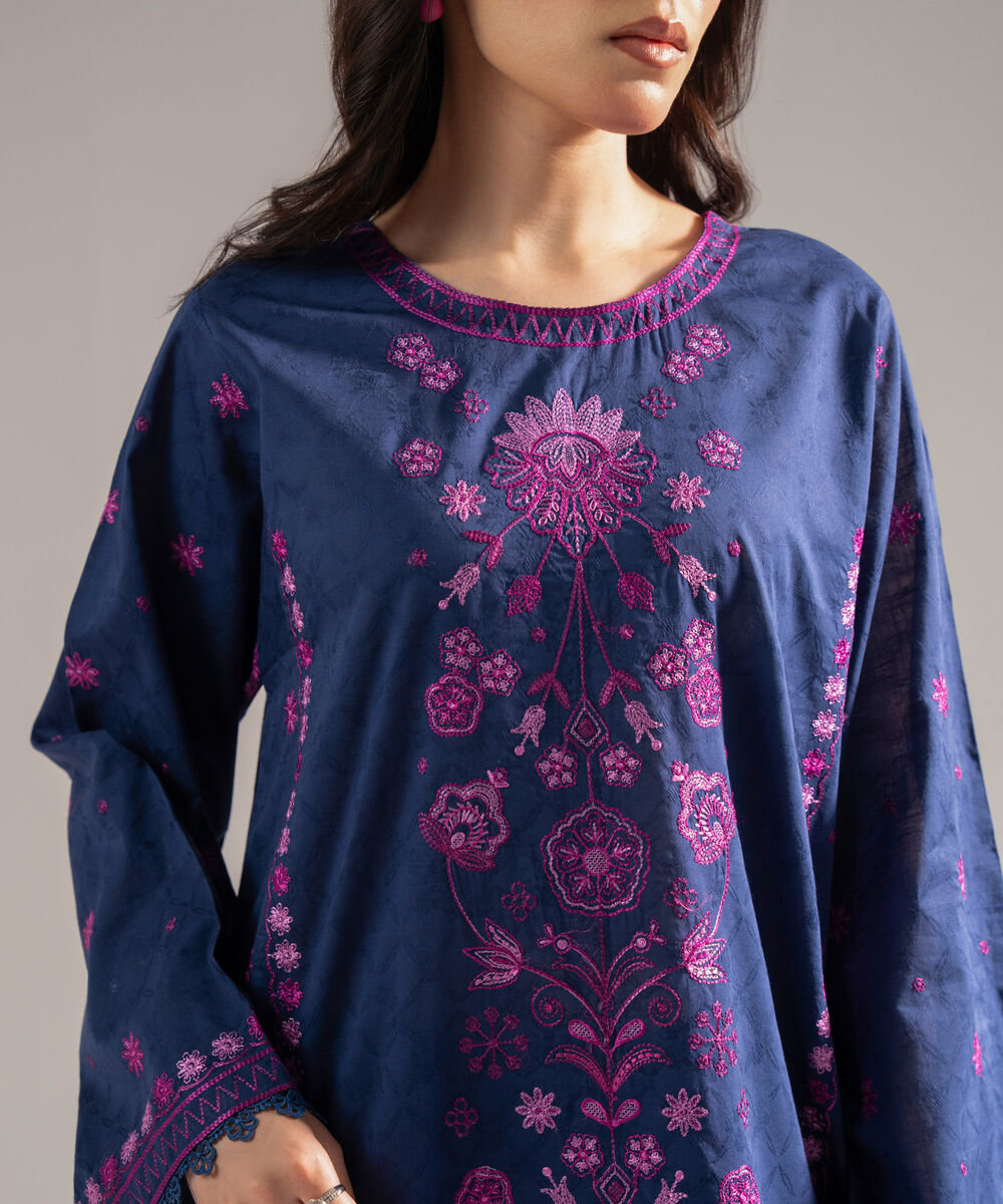 Women's RTW Self Jacquard Embroidered Dark Blue 2 Piece Suit
