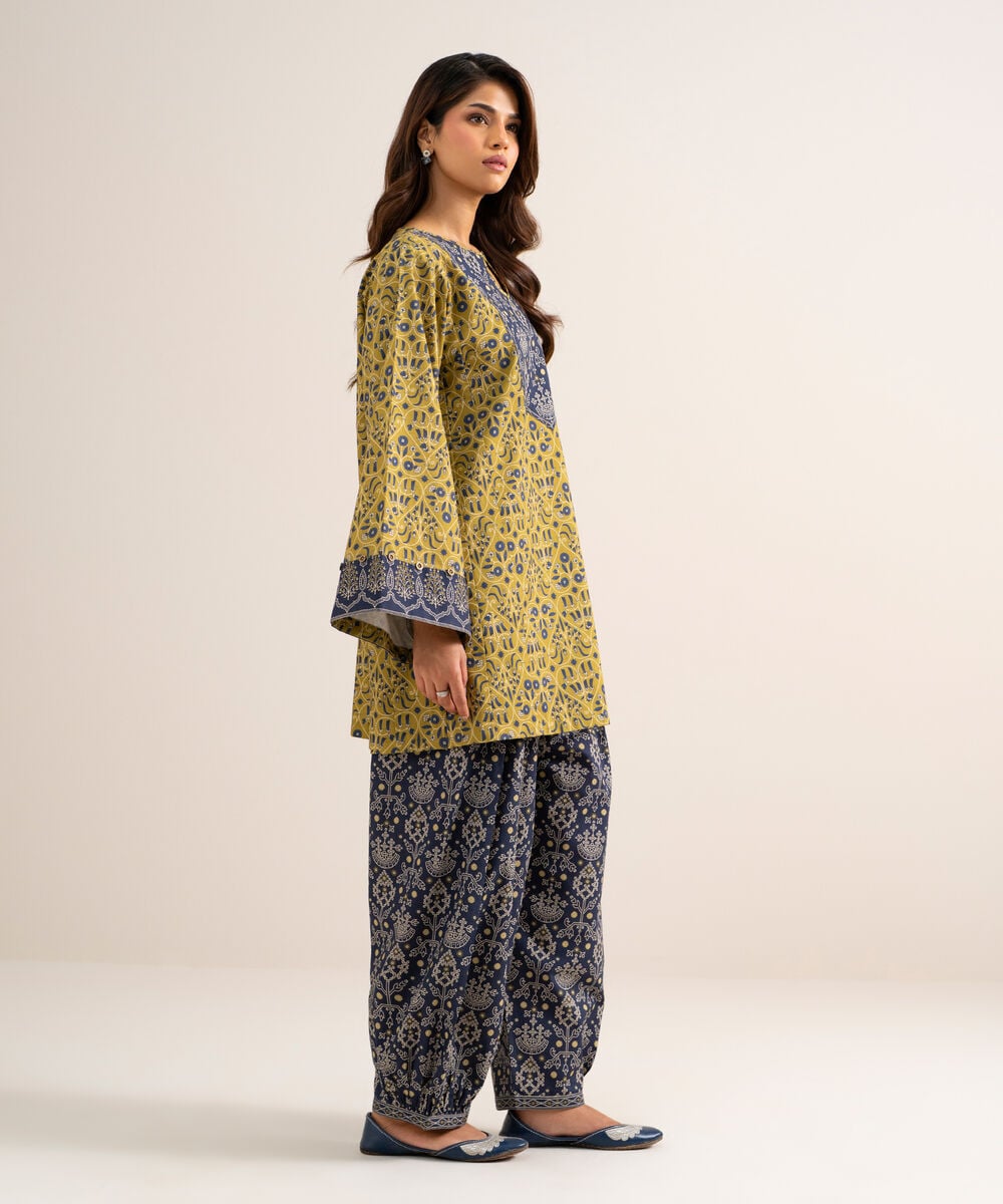 Women's Unstitched Cotton Printed Mustard 2 Piece Suit