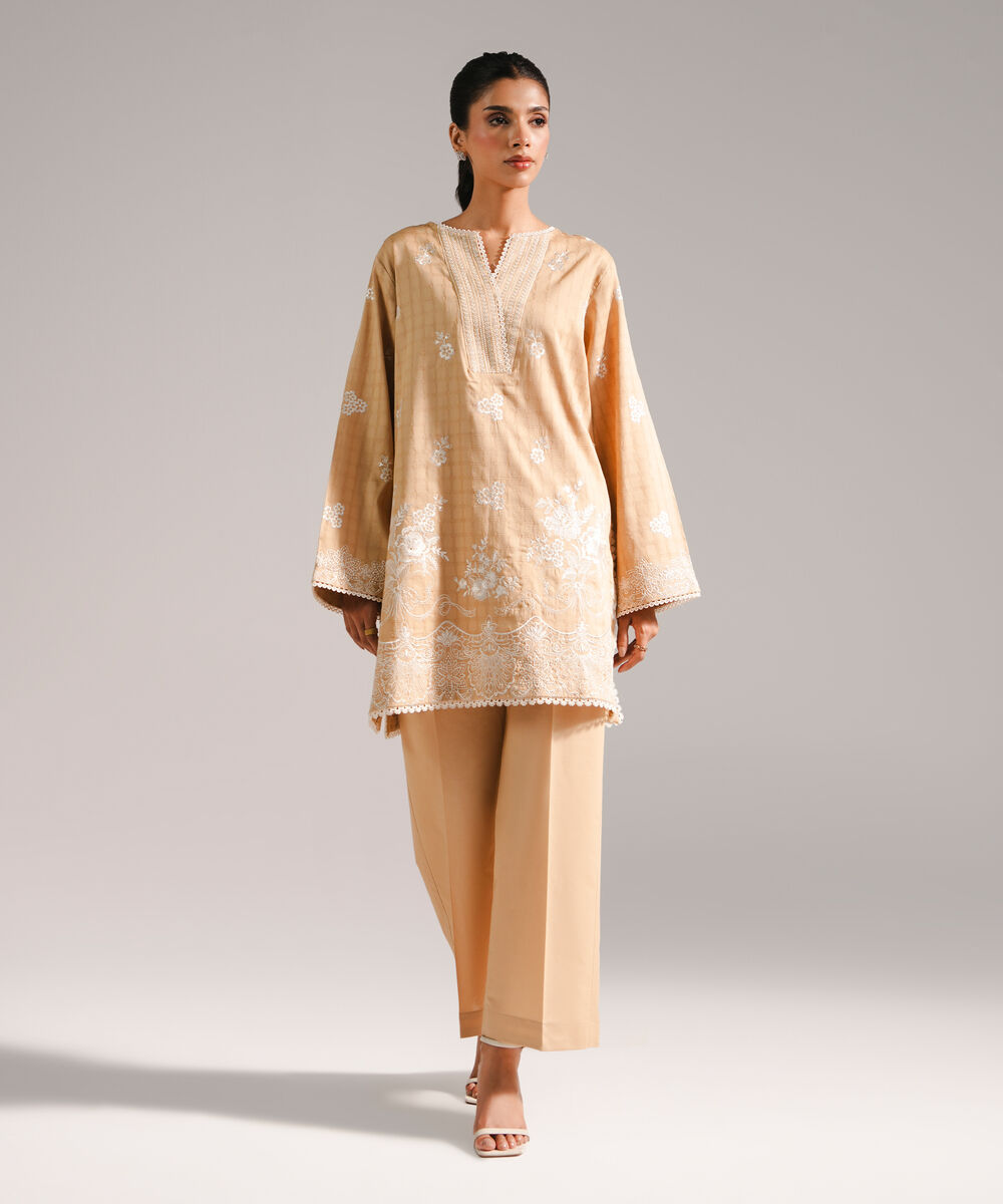 Women's RTW Dobby Embroidered Straight Beige Shirt