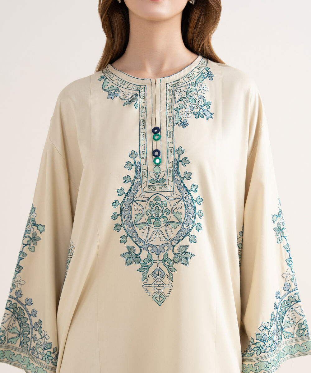 Women's RTW Viscose Marina Embroidered Boxy Off White Shirt