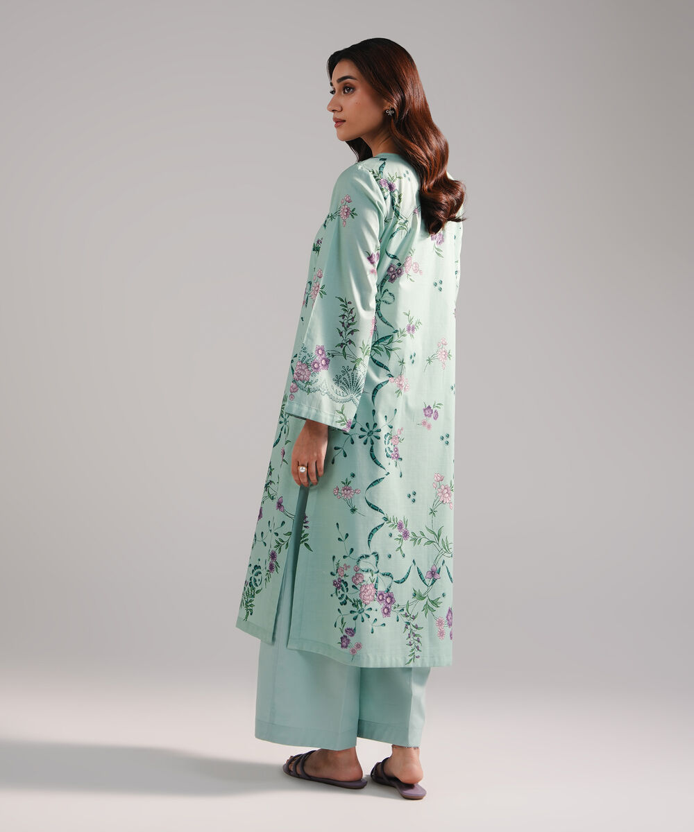 Women's RTW Slub Lawn Embroidered Green Straight Shirt