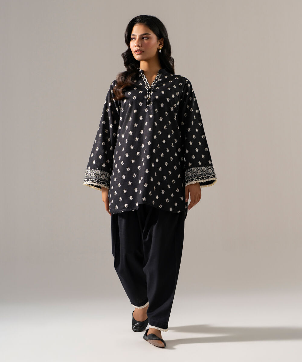 Women's RTW Khaddar Printed Black Straight Shirt