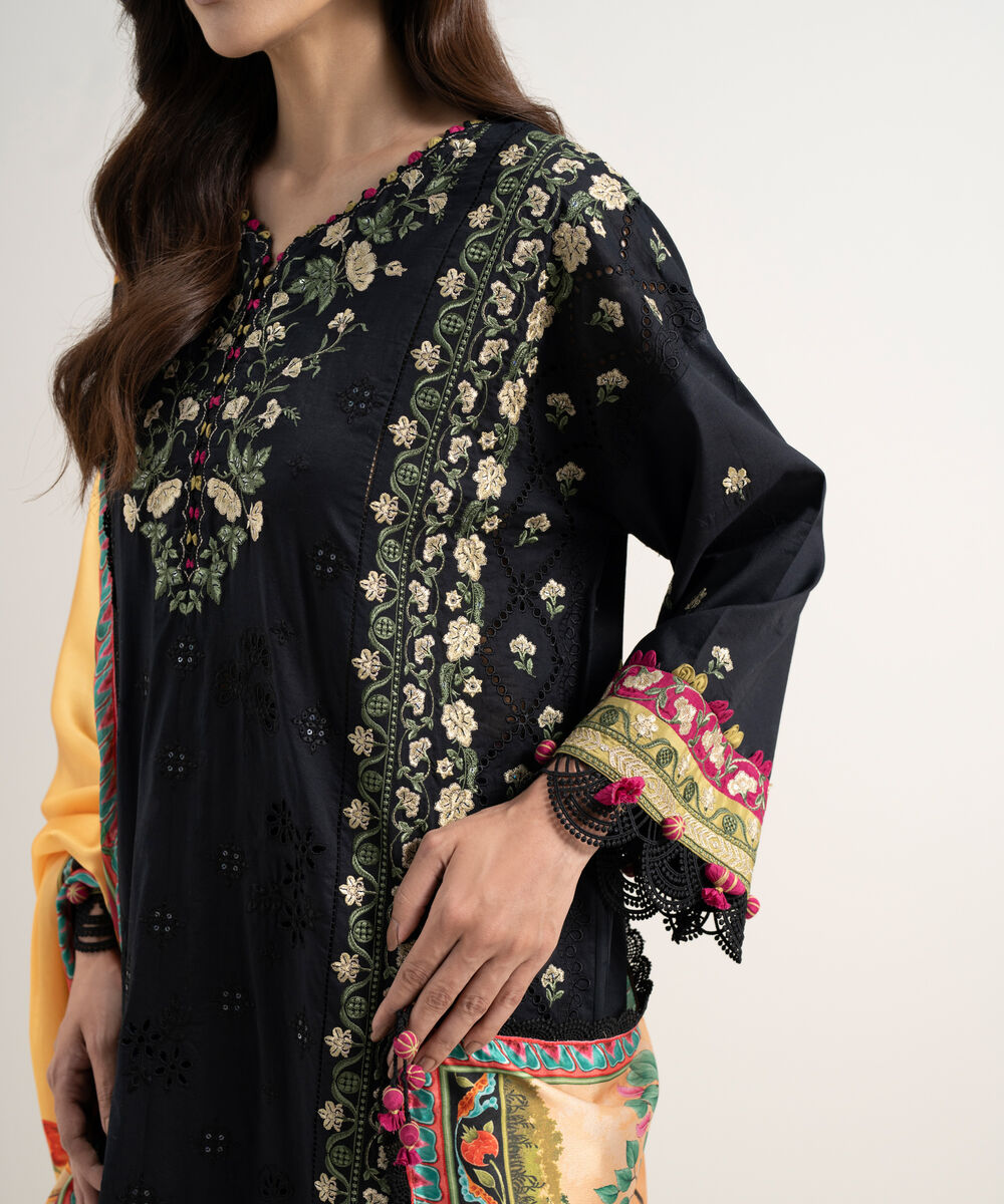 Women's Unstitched Lawn Embroidered Black 3 Piece Suit
