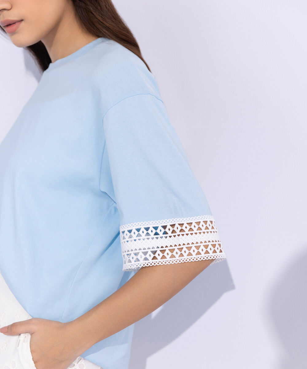 Women's Western Wear Blue Lace Trim T-Shirt