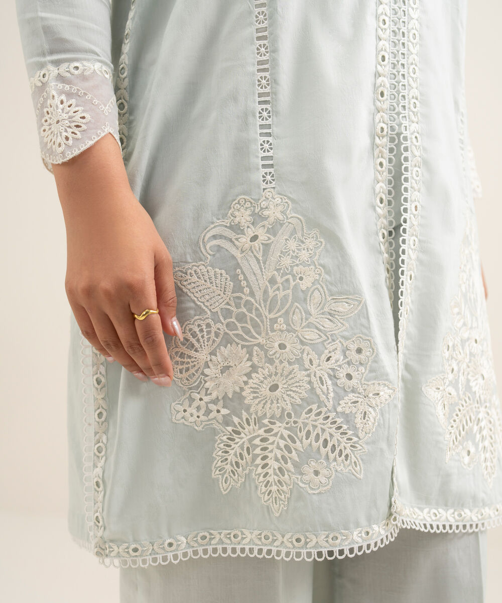 Women's RTW Self Jacquard Embroidered Green Straight Shirt