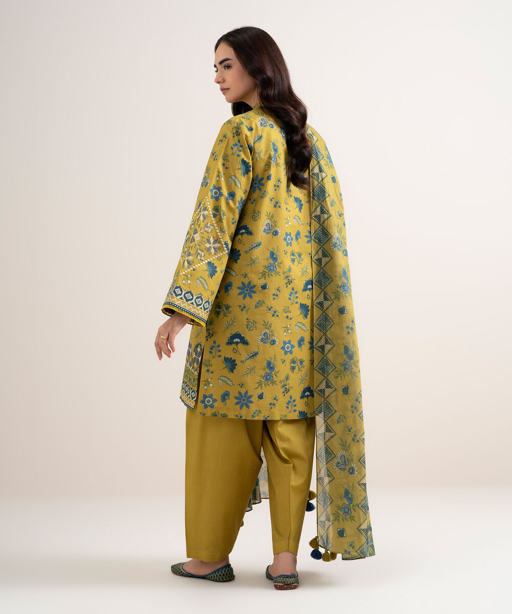 Women's Unstitched Cotton Embroidered Yellow 3 Piece Suit