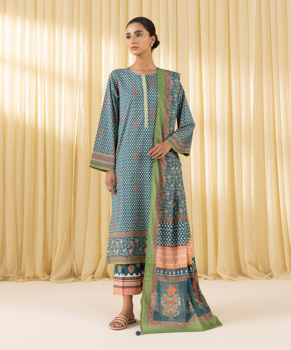 Women's Pret Yarn Dyed Blue Printed A-Line Shirt