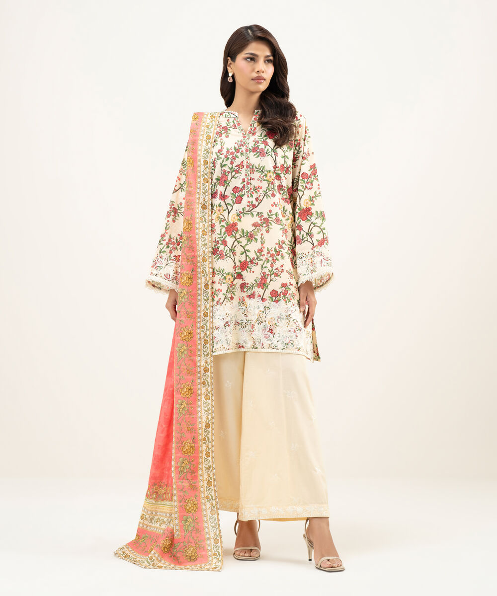 Women's RTW Lawn Embroidered Peach 3 Piece Suit