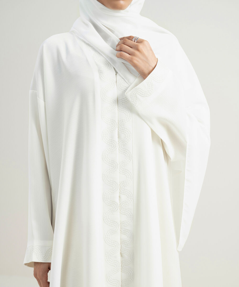 Women's White Embroidered Button- Through Abaya
