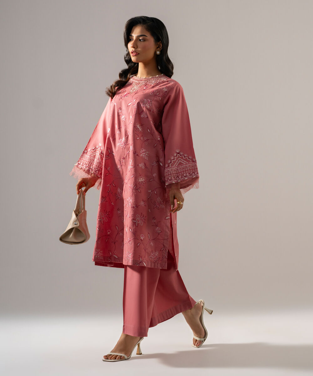 Women's RTW Solid Embroidered Cambric Muted Pink A-Line Shirt