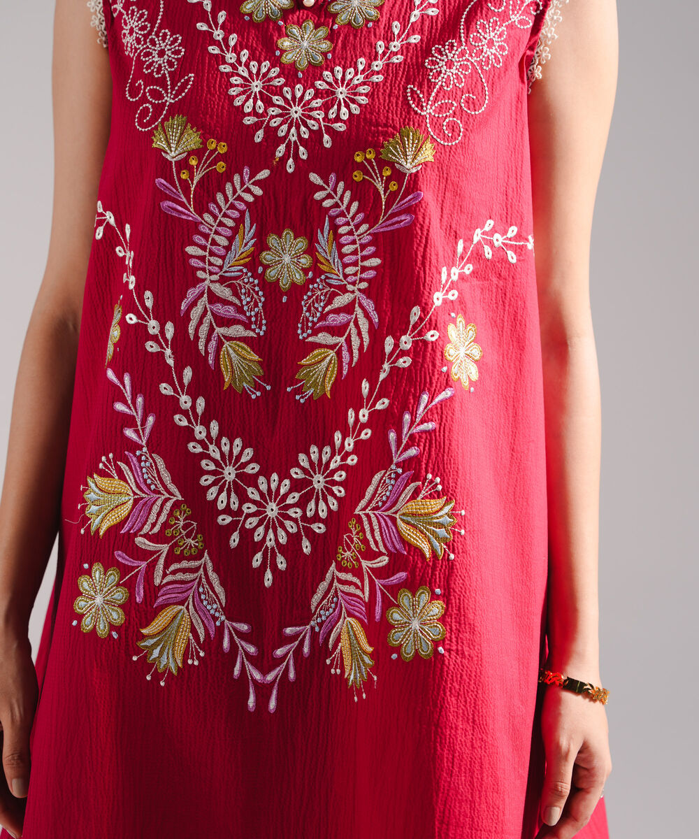 Women's RTW Seersucker Embroidered Red A-Line Shirt