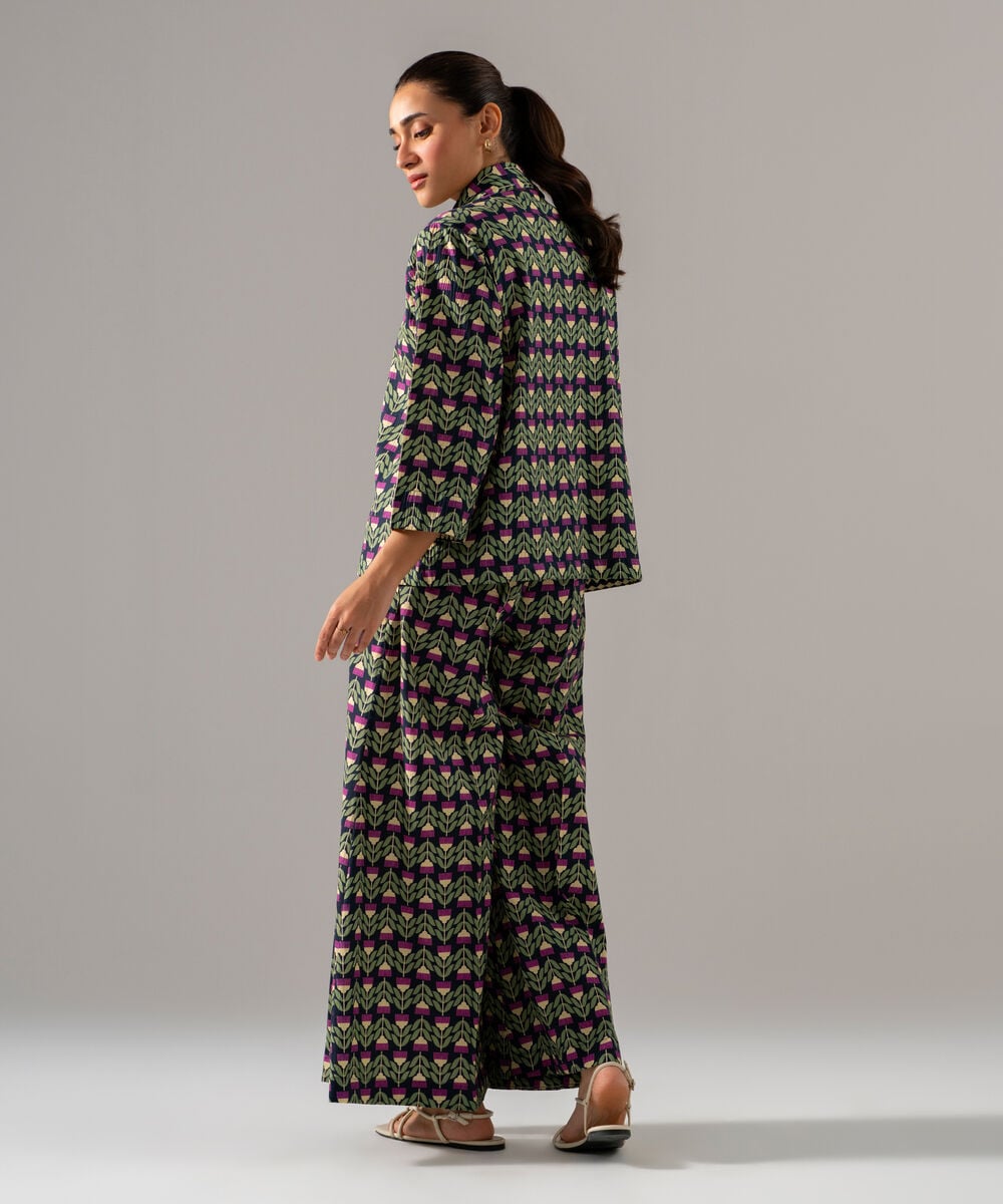 Women's RTW Seersucker Printed Black 2 Piece Suit