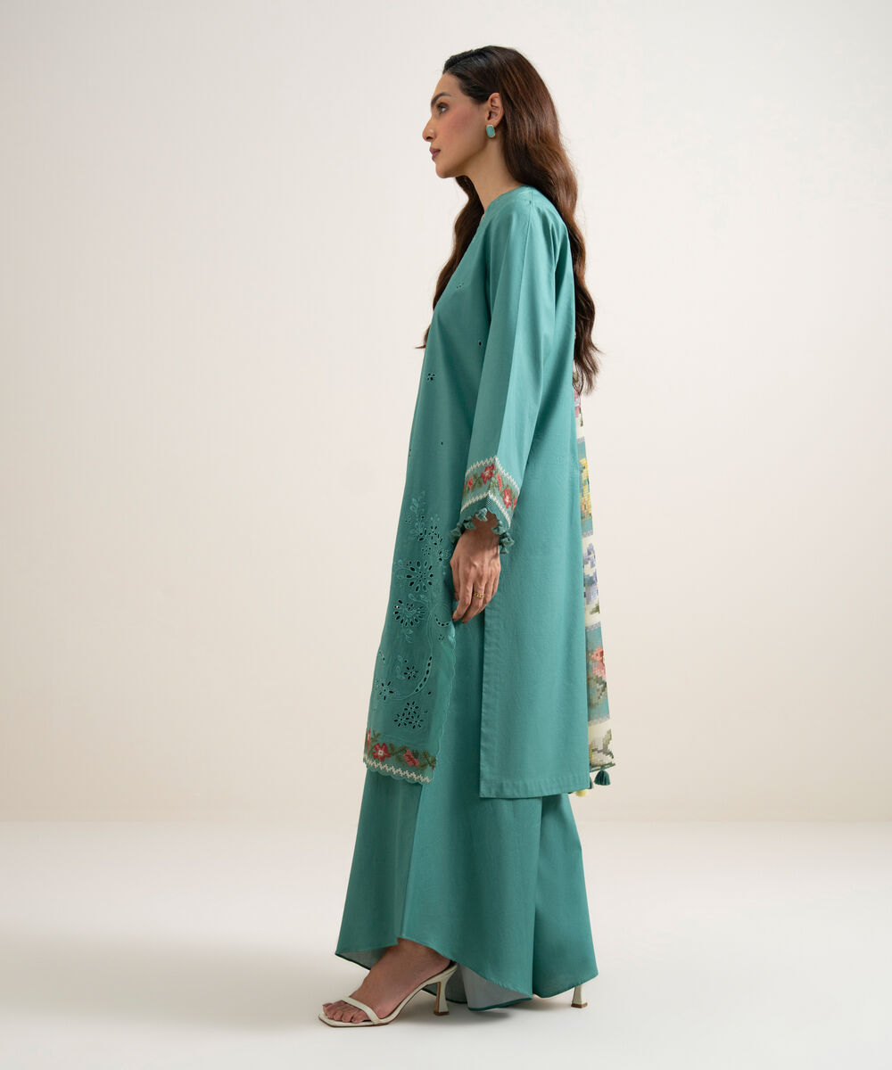 Women's Unstitched Textured Lawn Embroidered Medium Teal 3 Piece Suit
