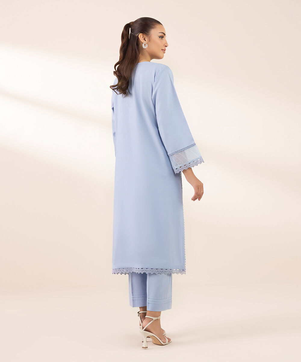 Women's RTW Raw Silk Blue Embroidered A-Line Shirt