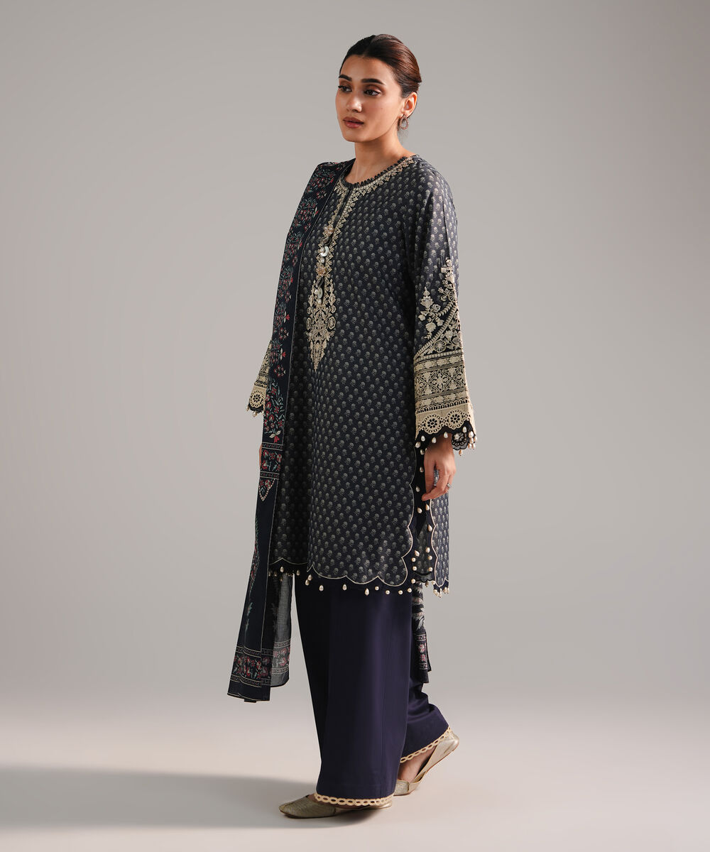 Women's RTW Zari Lawn Embroidered Dark Blue 3 Piece Suit