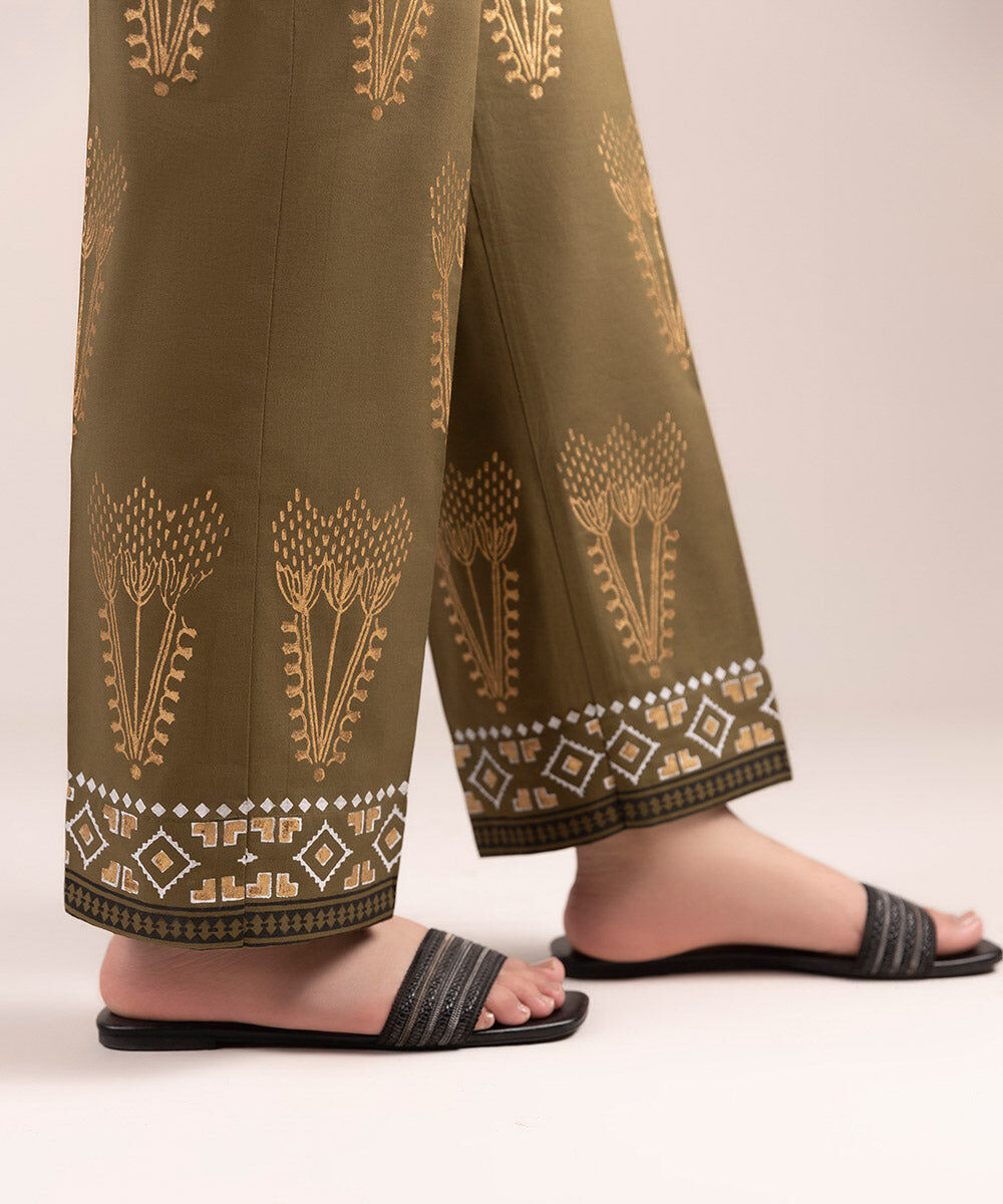 Women's Pret Cambric Printed Green Straight Pants