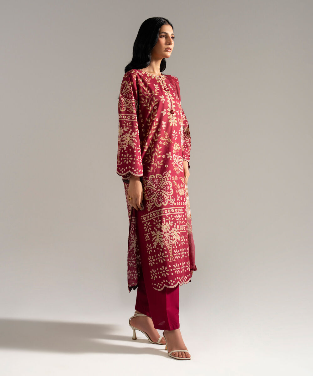 Women's RTW Slub Lawn Printed Red 3 Piece Suit