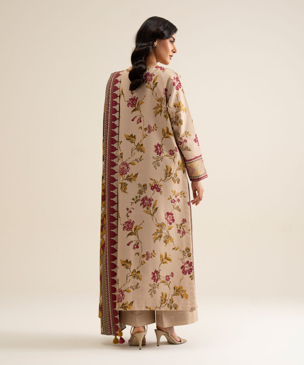 Women's Unstitched Lawn Printed Beige 3 Piece Suit