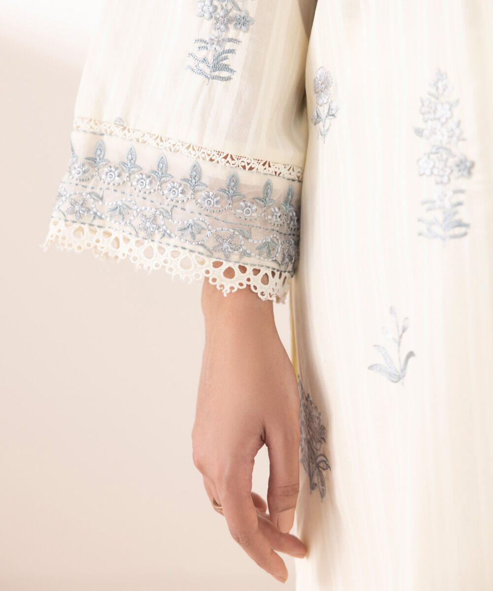 Women's RTW Dobby Beige Embroidered A-Line Shirt