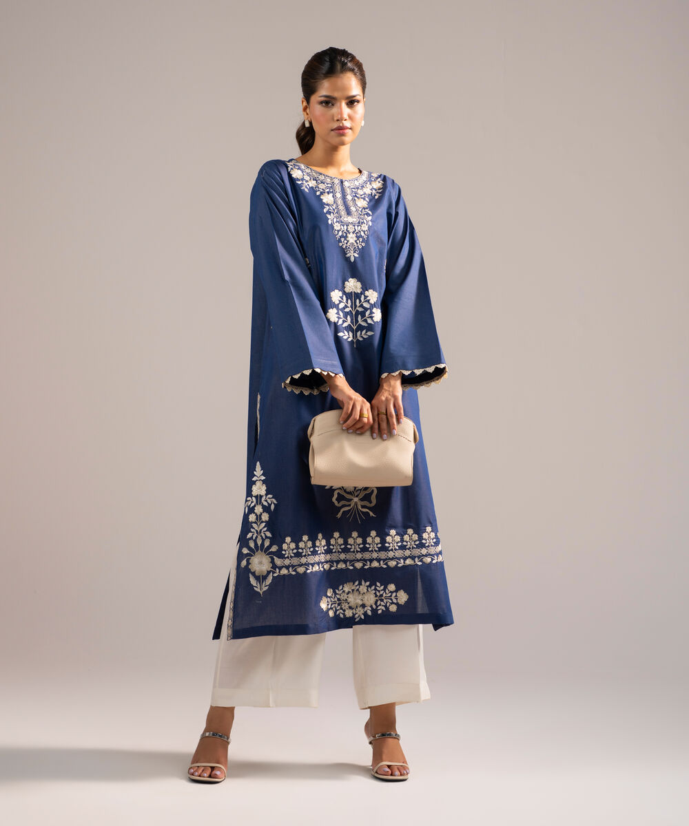 Women's RTW Zari Lawn Embroidered Dark Blue A-Line Shirt