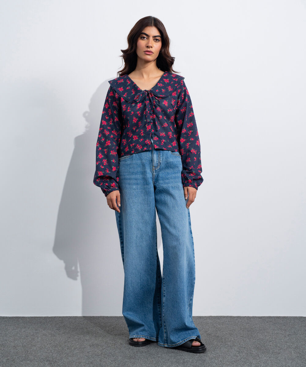 Women's Western Black And  Red Printed Blouse With Peter-Pan Collar