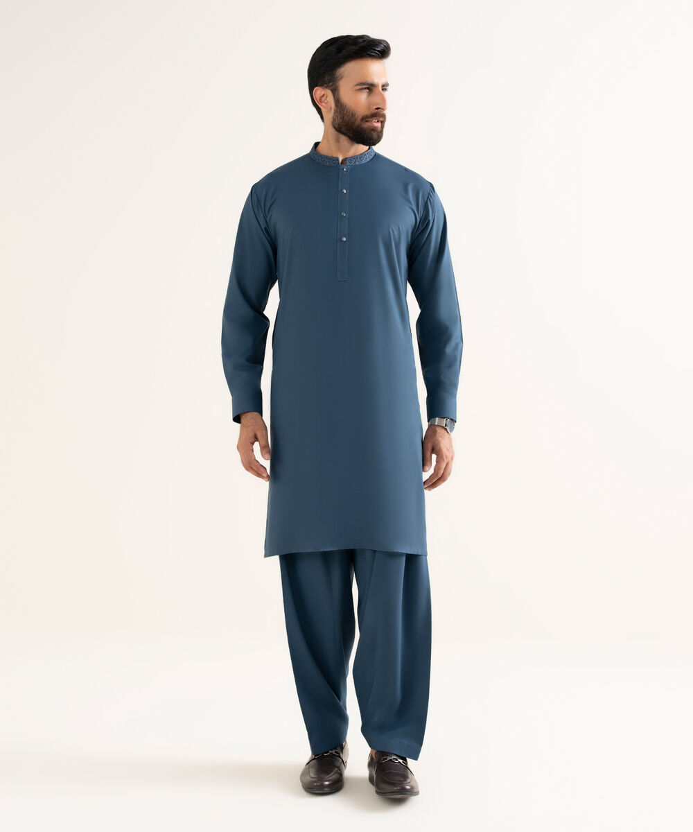 Men's Wash & Wear Embroidered Blue Kurta Shalwar
