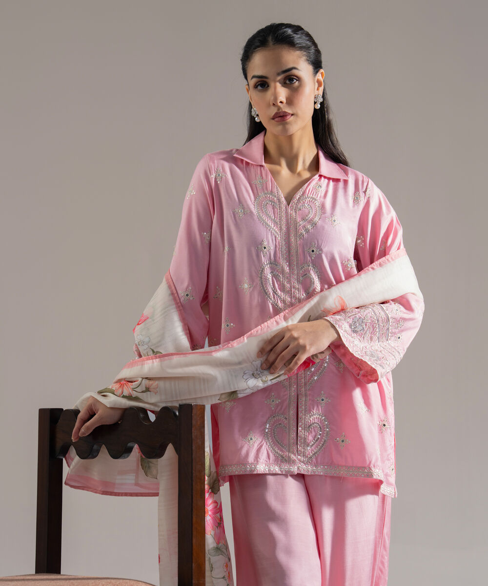Women's RTW Solid Embroidered Pink Plain Silk 3 Piece Suit