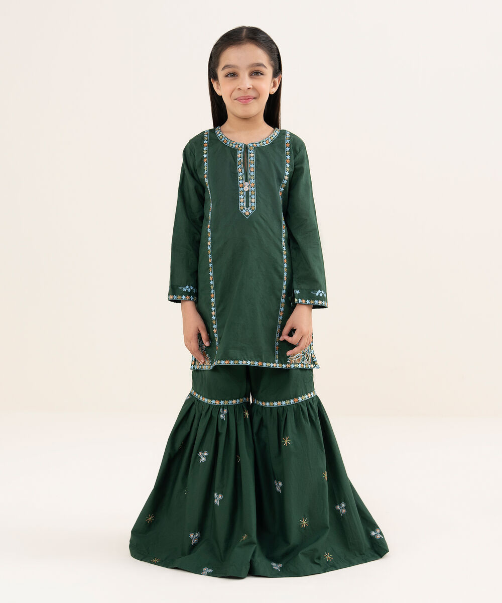 Girl's Cotton Jacquard Embroidered Green 2 Piece Set
