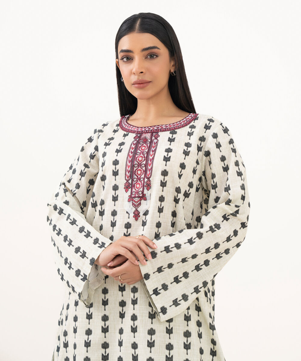 Women's RTW Light Khaddar Embroidered Off White Straight Shirt