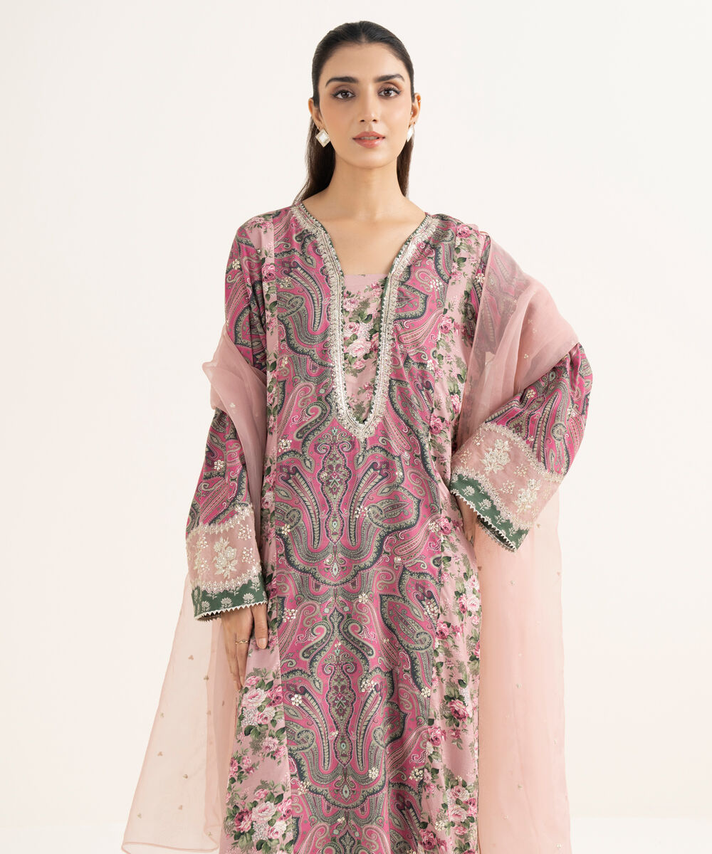 Women's RTW Textured Viscose Embroidered Pink 3 Piece Suit