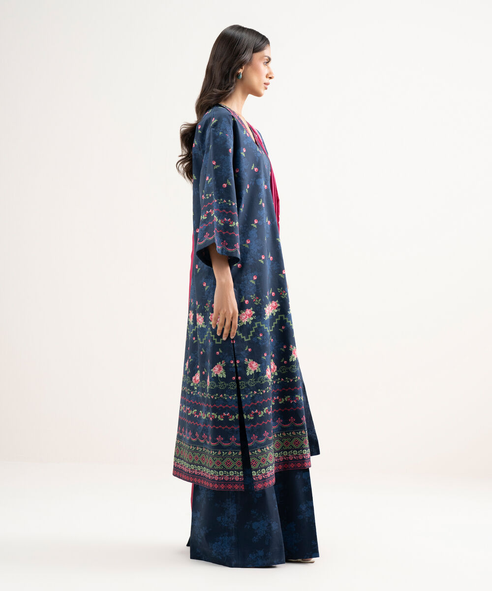 Women's Unstitched Lawn Embroidered Blue 3 Piece Suit