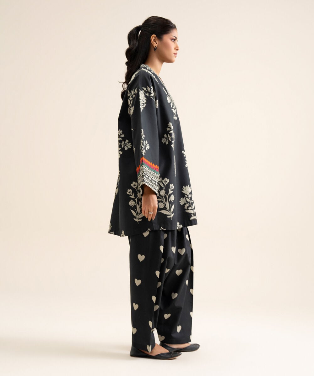 Women's Unstitched Cotton Printed Black & White 1 Piece Suit