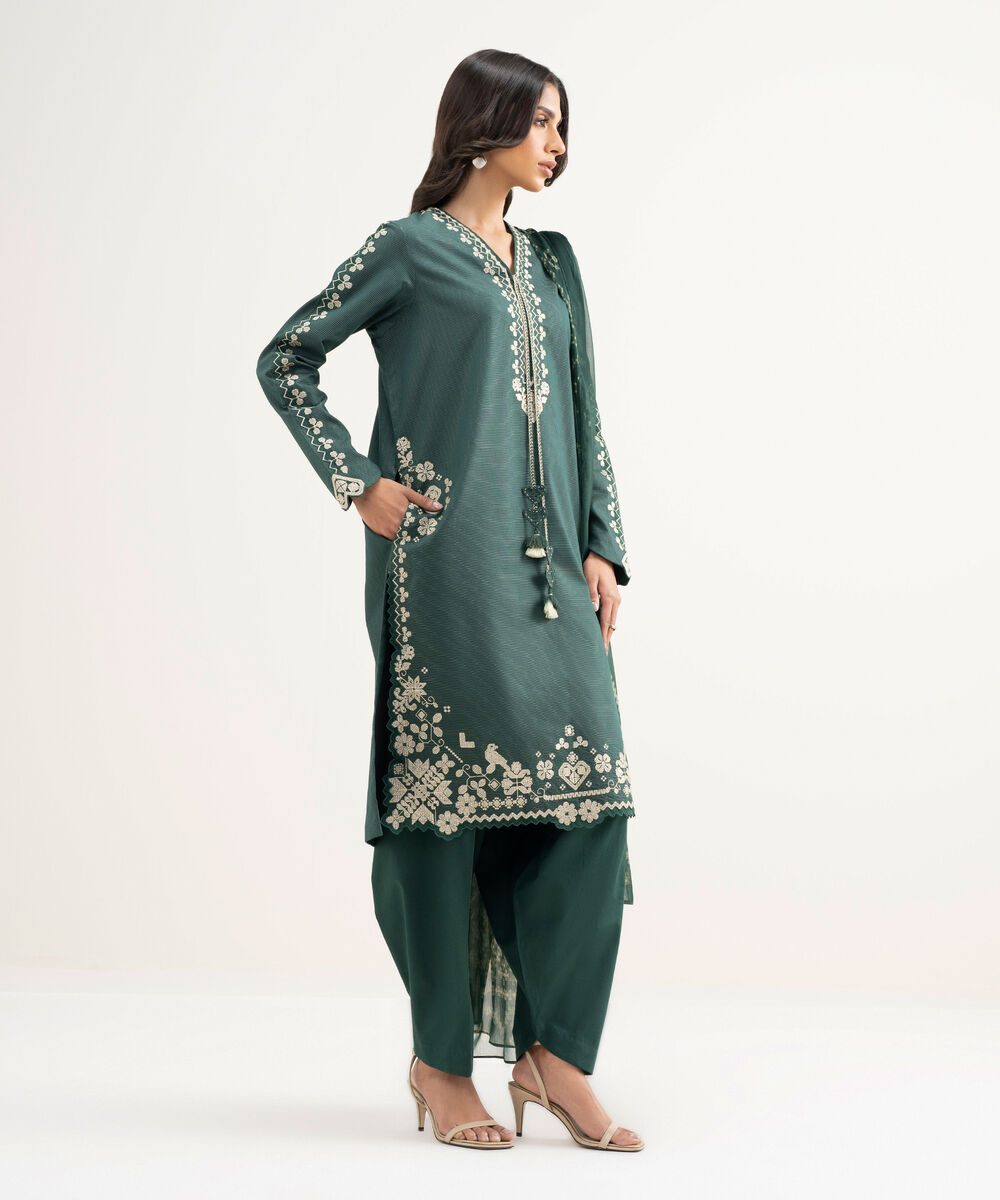 Women's Unstitched Zari Lawn Embroidered Green 3 Piece Suit