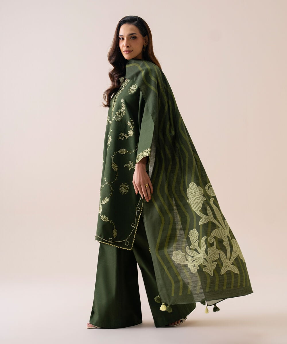 Women's Unstitched Light Khaddar Embroidered Green 3 Piece Suit