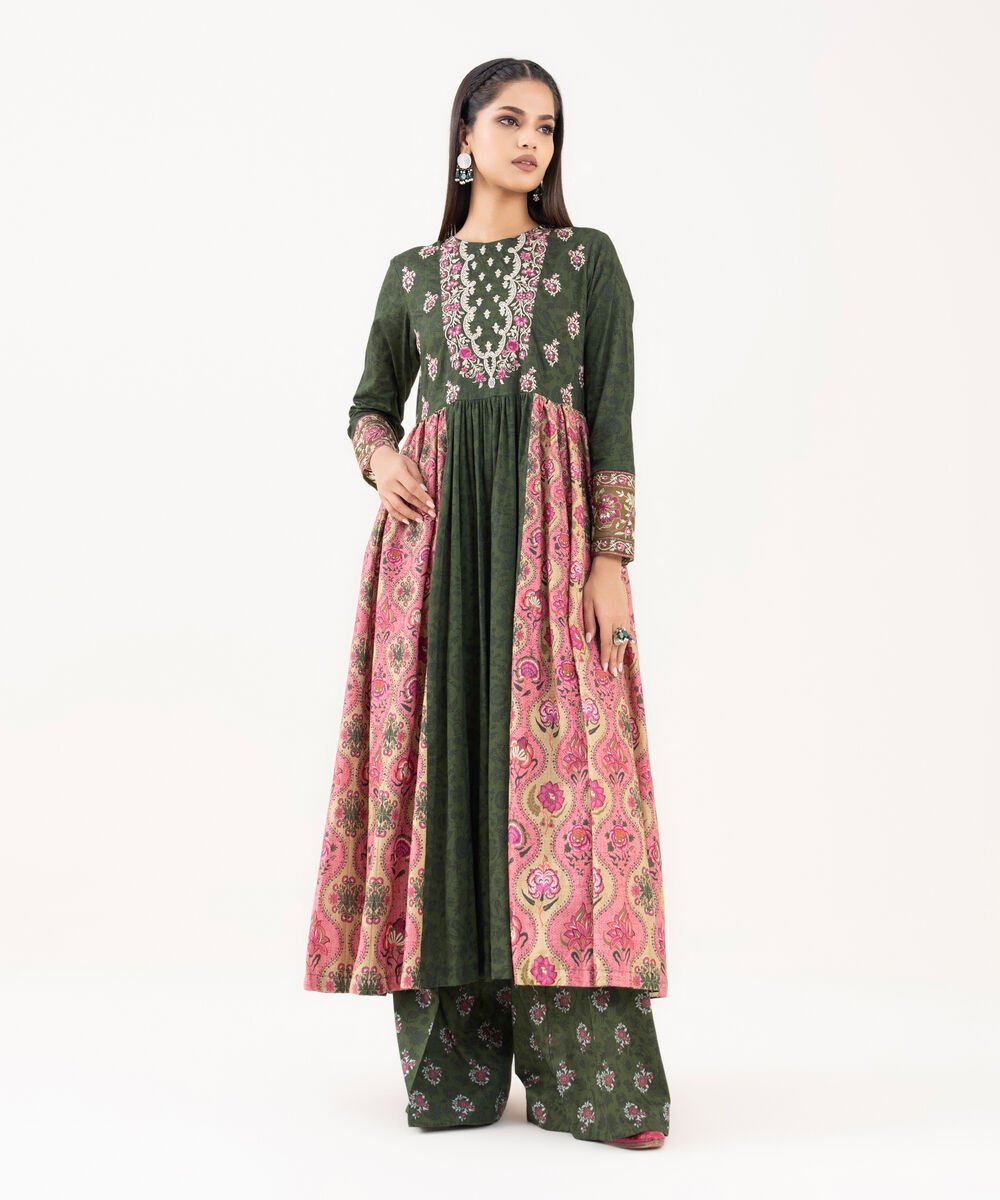 Women's RTW Lawn Viscose Green Embroidered Pishwas