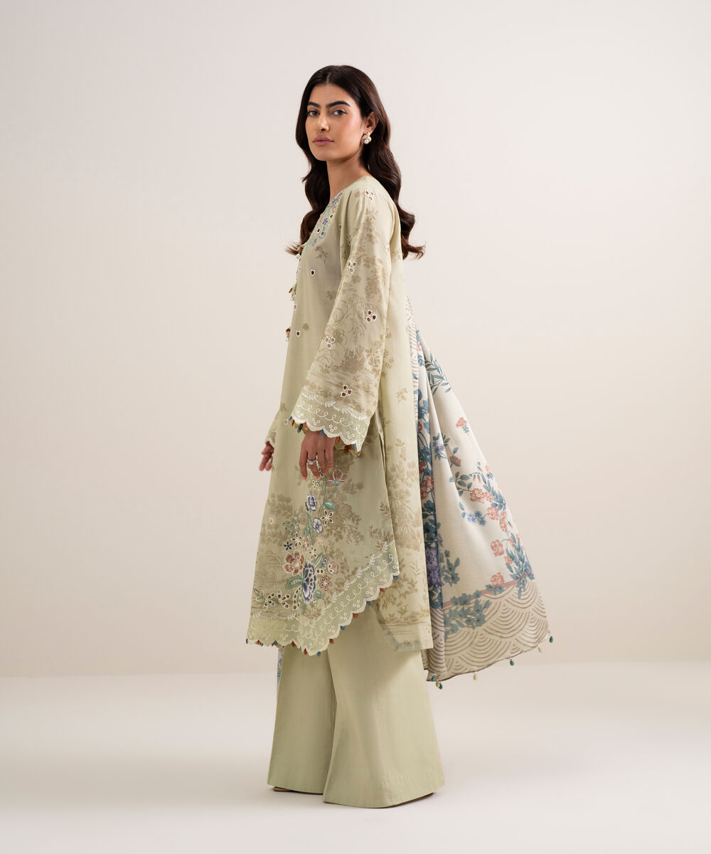 Women's Unstitched Lawn Embroidered Beige 3 Piece Suit