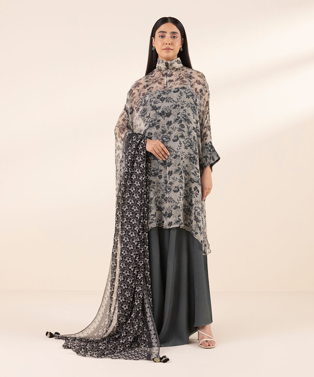 Women's Unstitched Chiffon Printed Grey 3 Piece Suit