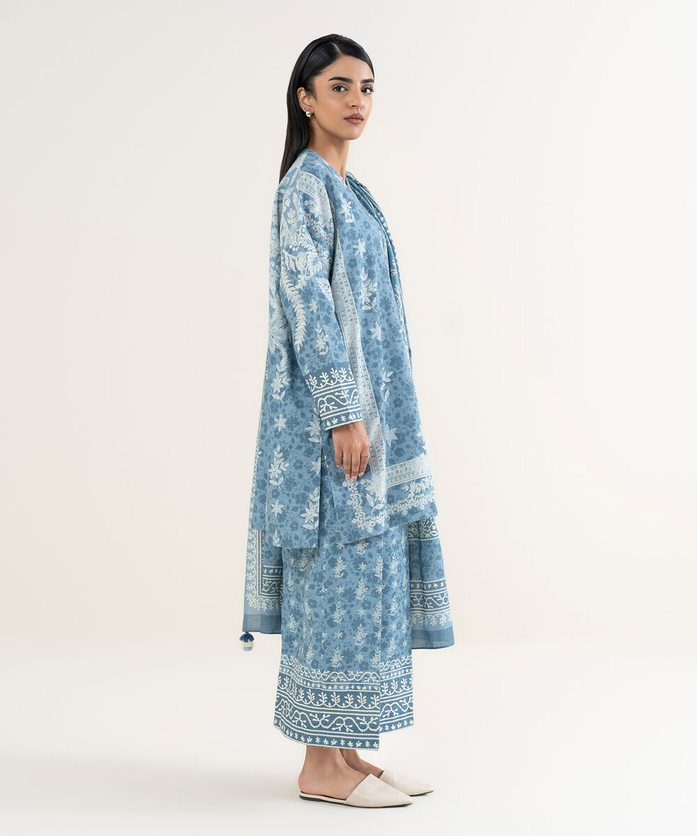 Women's Unstitched Printed Khaddar Blue 3 Piece Suit