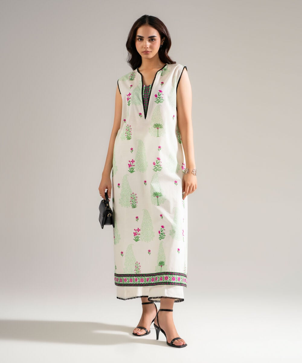 Women's RTW Slub Lawn Printed Off White Straight Shirt