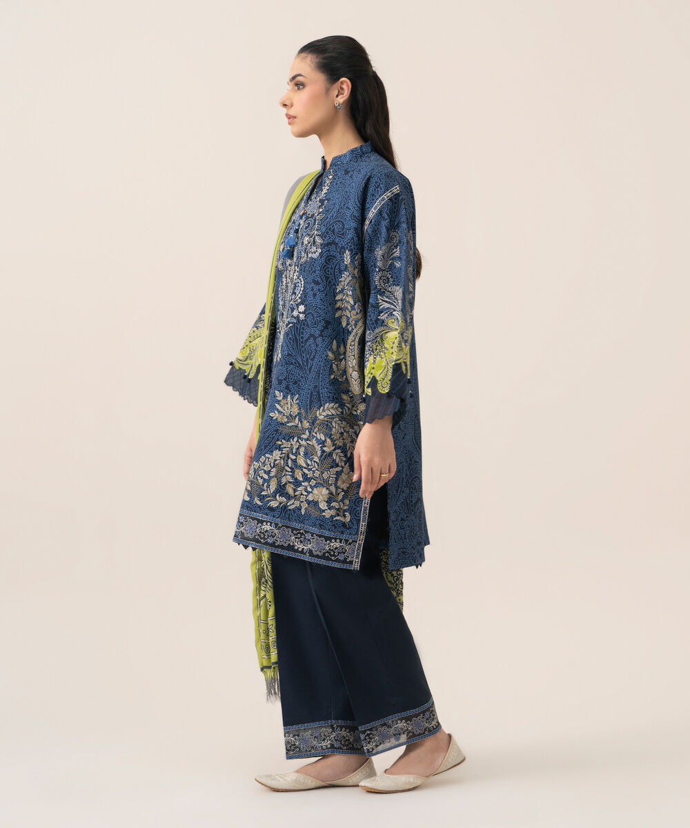 Women's Unstitched Premium Khaddar Printed Blue 3 Piece Suit