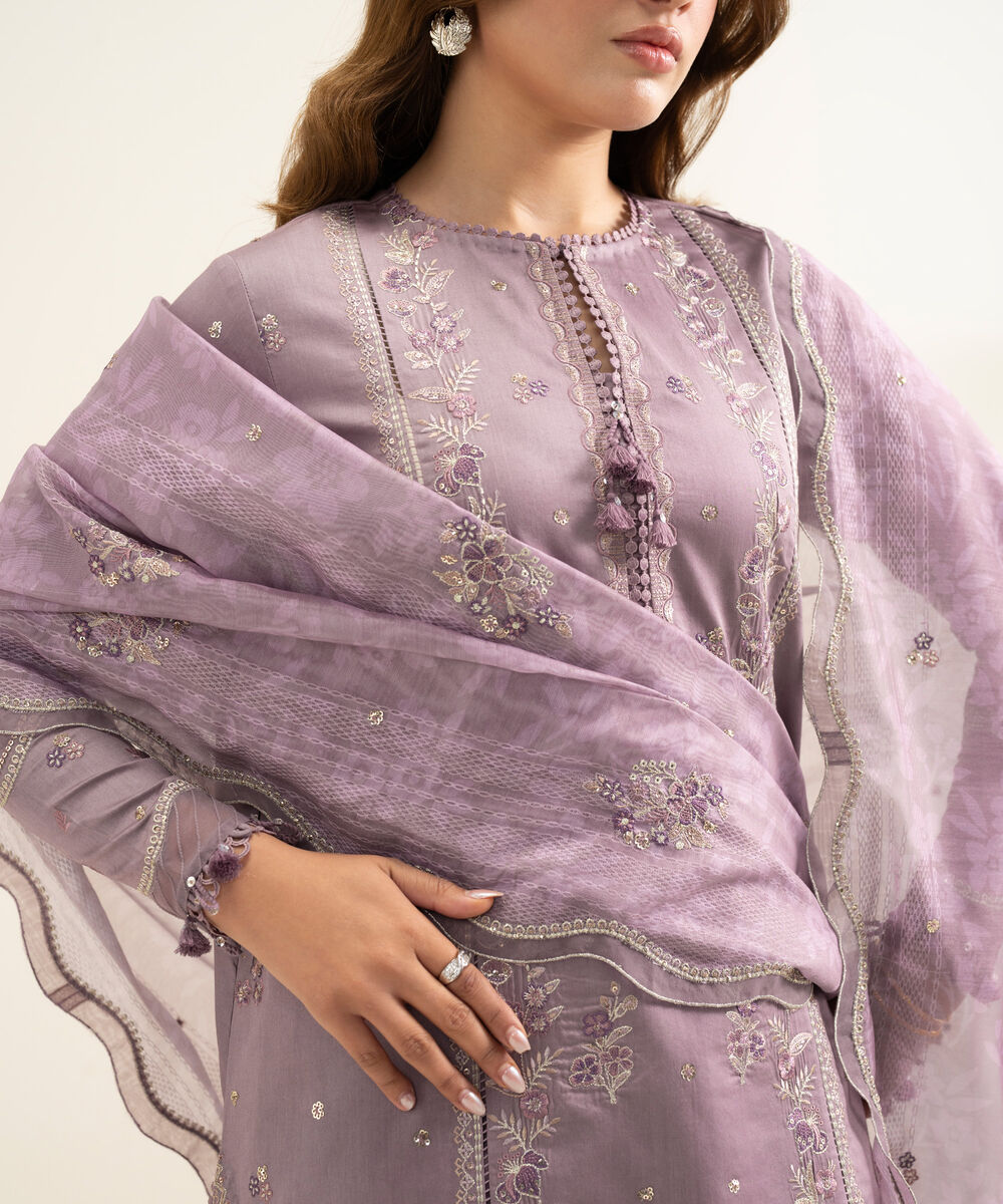 Women's Unstitched Fine Cotton Satin Embroidered Purple 3 Piece Suit