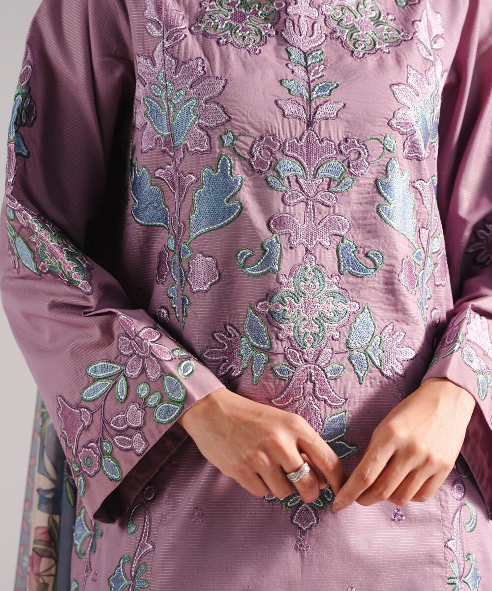 Women's RTW Zari Lawn Embroidered Lavender 3 Piece Suit