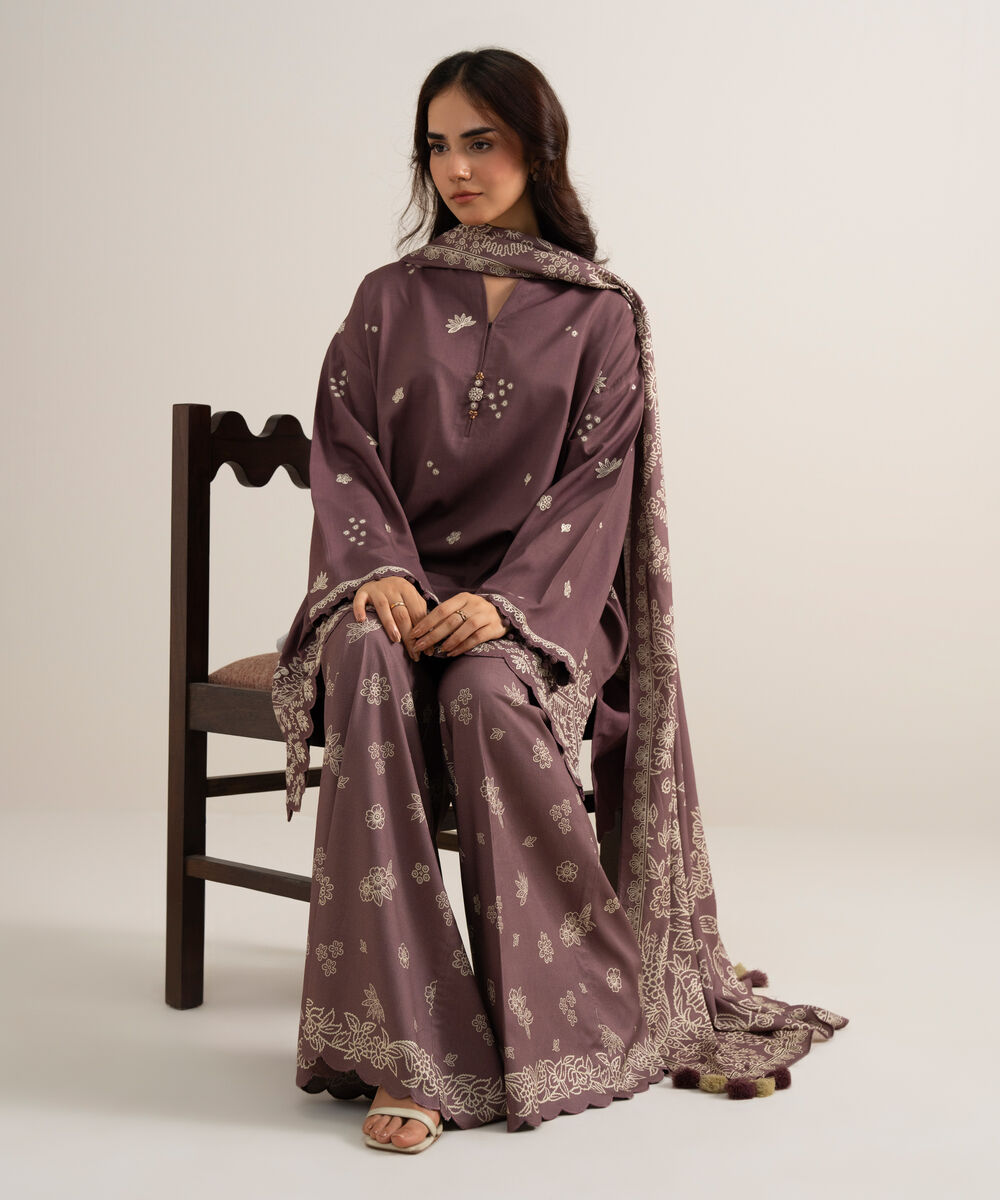 Women's Unstitched Embroidered Linen Purple 3 Piece Suit