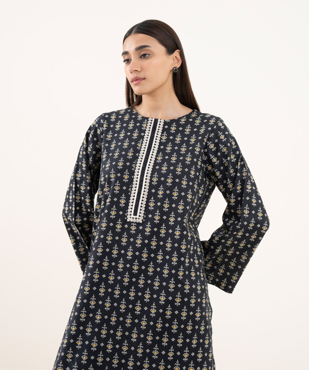 Women's RTW Lawn Black Embroidered A-Line Shirt