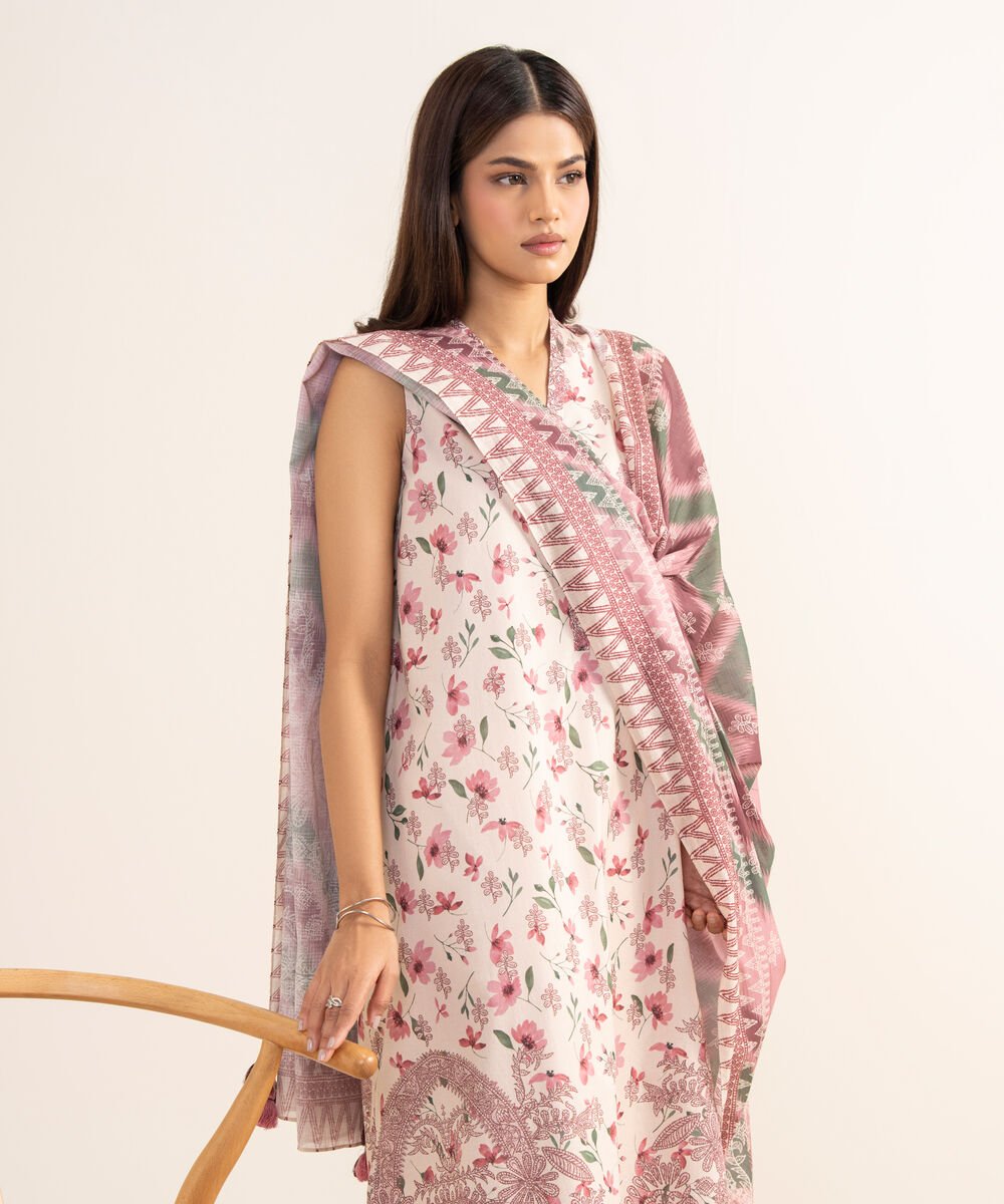 Women's Unstitched Lawn Printed Pink 3 Piece Suit