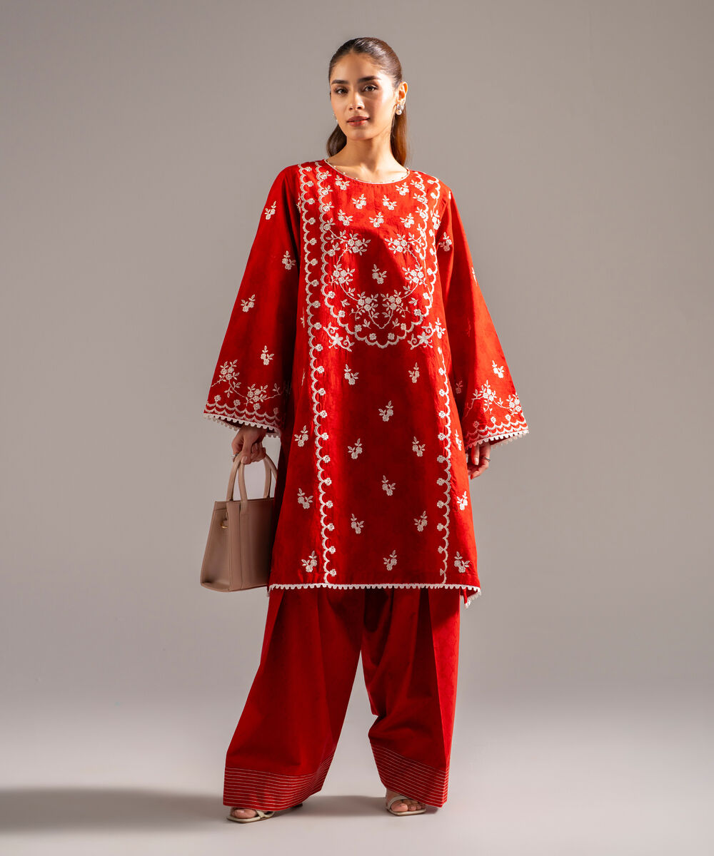 Women's RTW Self Jacquard Embroidered Rust 2 Piece Suit
