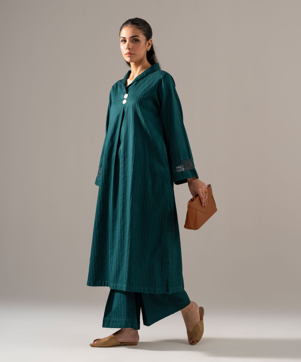 Women's RTW Dobby Strip Solid Teal 2 Piece Suit