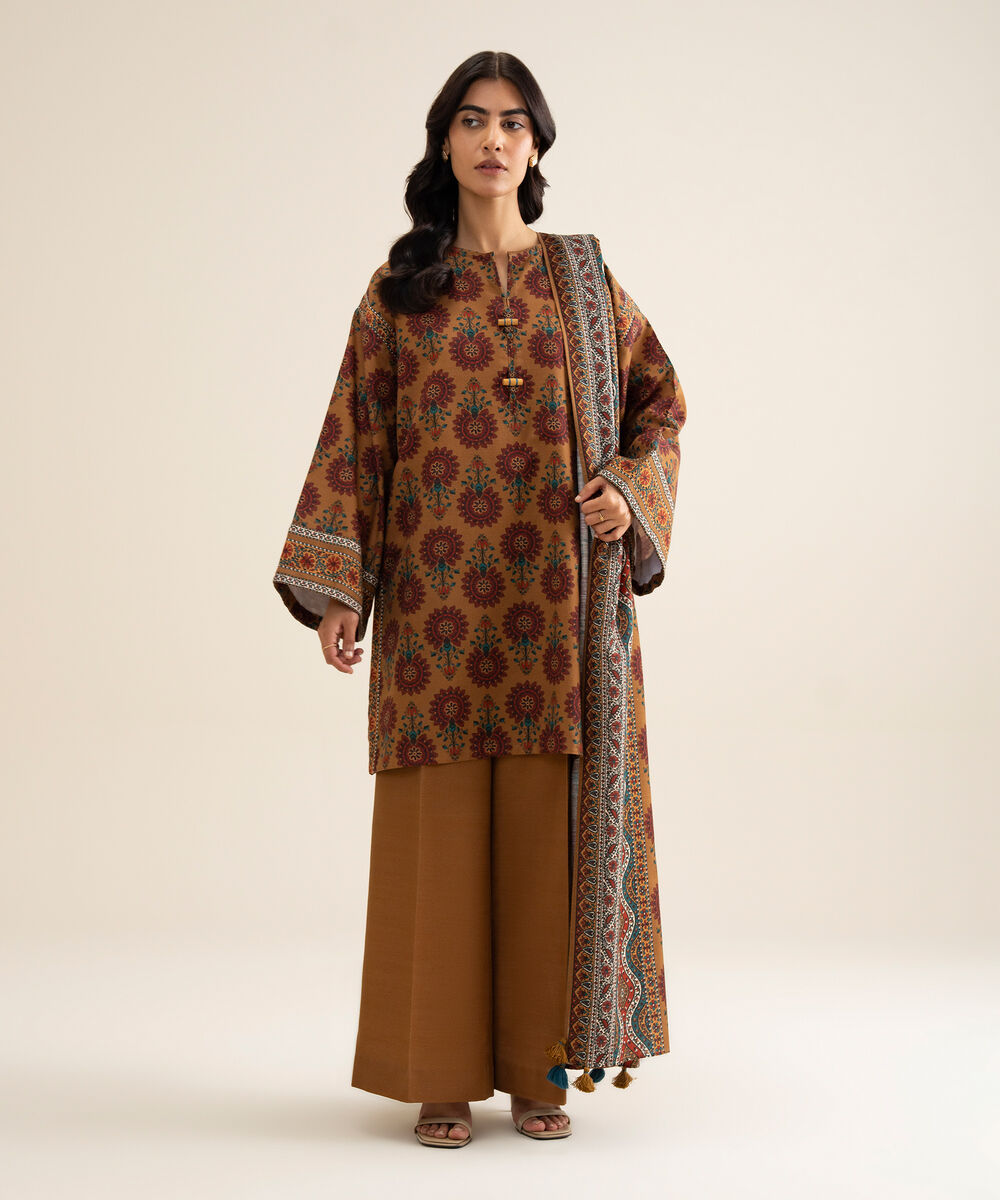 Women's Unstitched Light Khaddar Printed Burnt Orange 3 Piece Suit