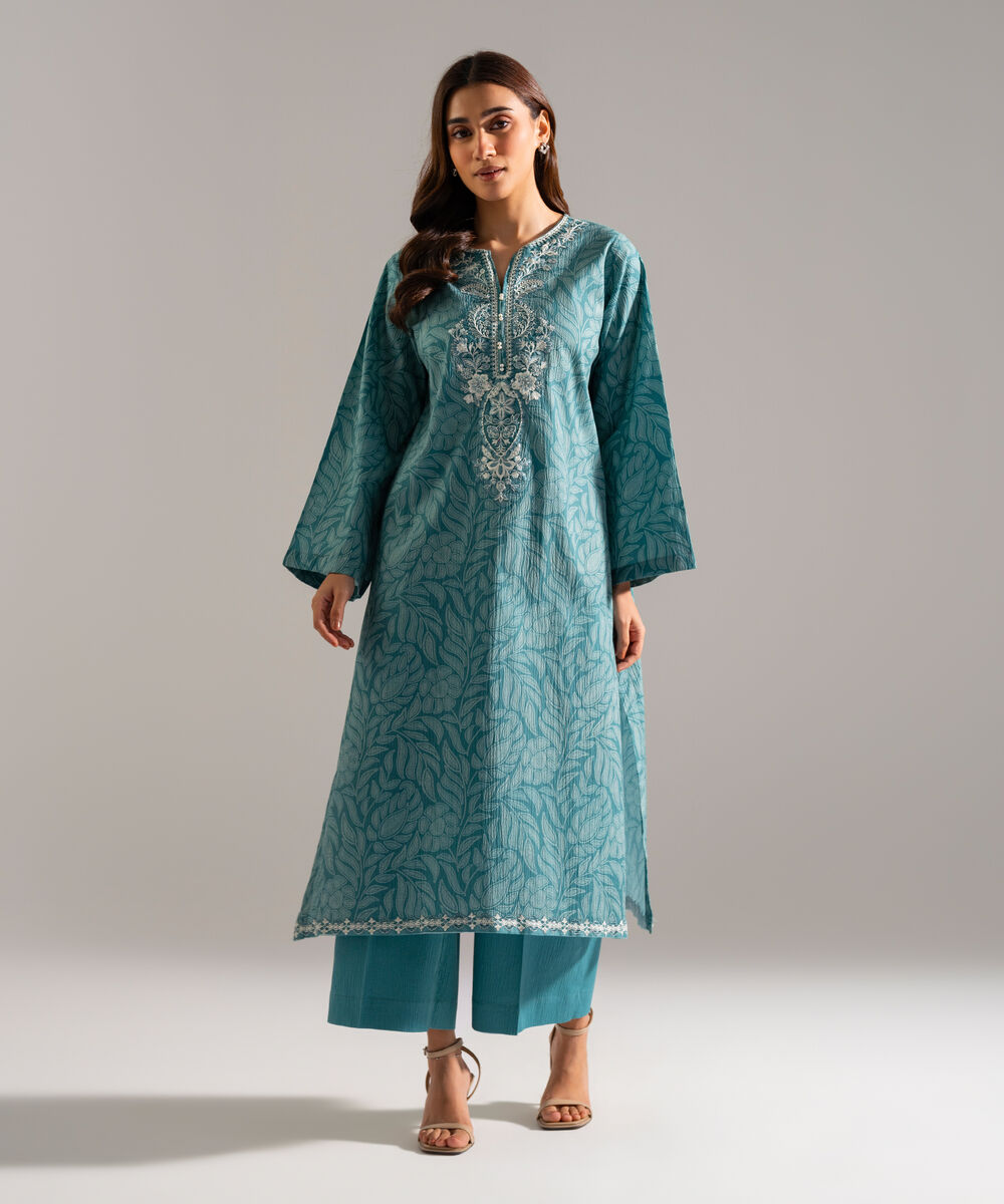 Women's RTW Seersucker Embroidered Green 2 Piece Suit